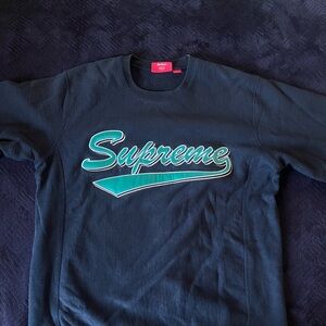 Supreme Black Tee with Teal Script Crewneck